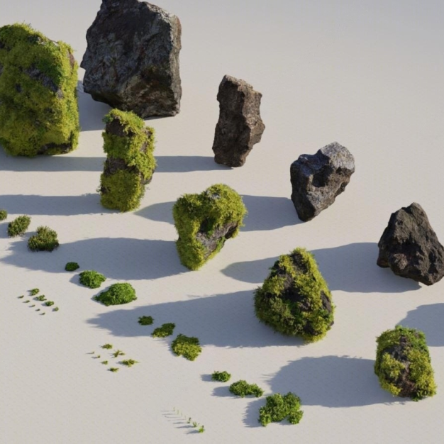 石头苔藓植物组合3D模型